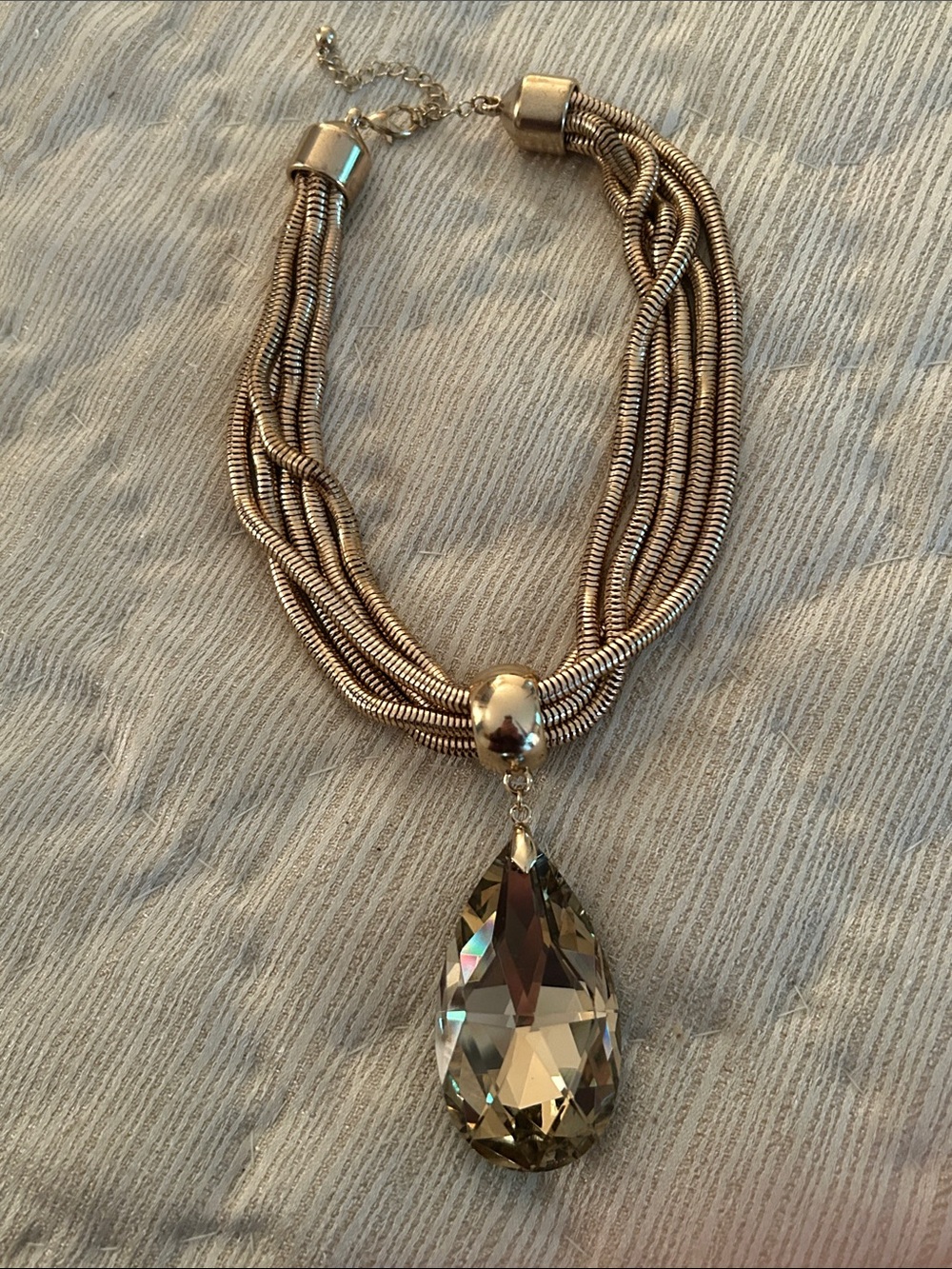 Multi-Strand Gold Tone Necklace with Smoky Teardrop Pendant